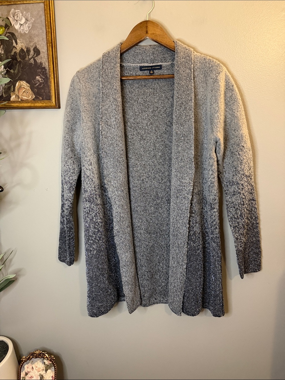 Adrienne Vittadini M Gray Ombre Metallic Lurex Open Front Cardigan Sweater - Picture 2 of 6